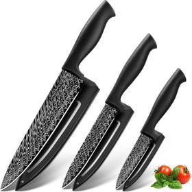 3-Piece Kitchen Knife Set With Blade Covers - Black Damascus Pattern Nonstick Chef, Utility & Paring Knives (Option: BlacK)