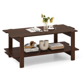 2-Tier Coffee Table Slatted Wood Center Table with Storage Shelf (Color: Walnut)